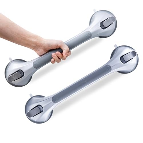 LEVERLOC Shower Grab Bars 2 Pack, Suction Grab Bar Easy to Install Shower Handle for Bathroom Removable Handrails for Seniors Elderly Heavy Duty Safety Grip Waterproof Drill Free, Silver - Image 1