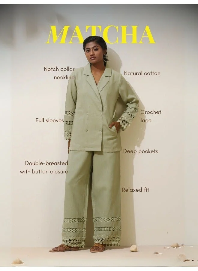 ترو برونز trueBrowns Matcha Green Crochet Natural Cotton Blazer Co-ord Set