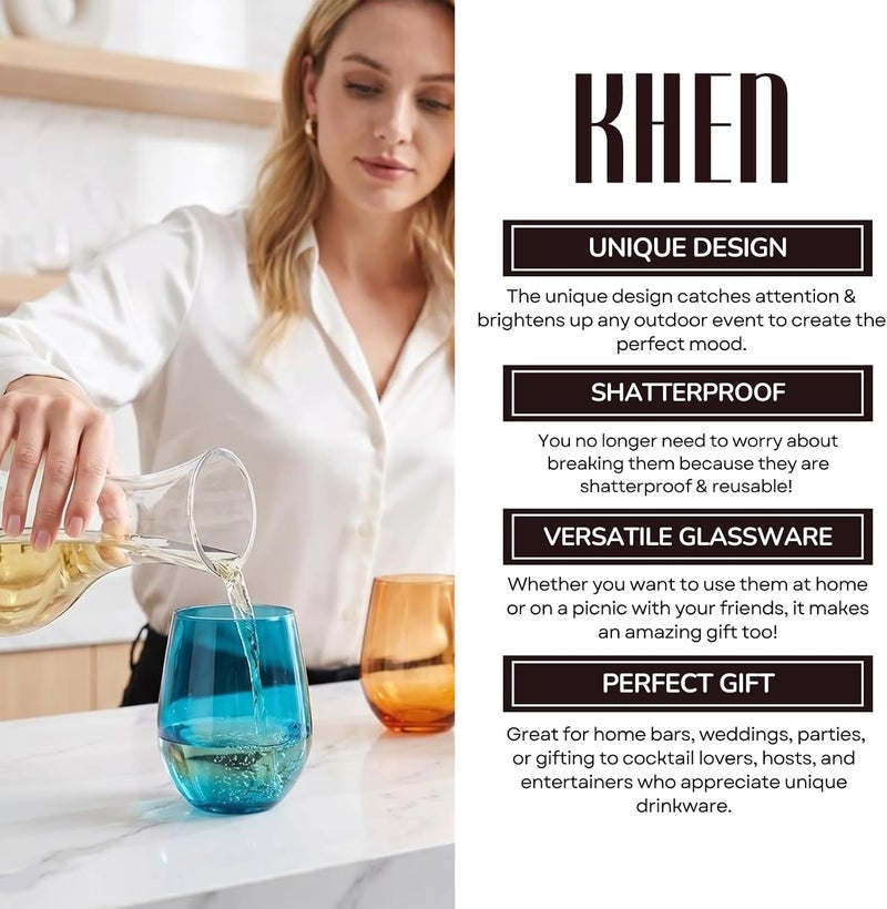 Khen European Style Shatterproof Tritan Stemless Wine Glasses, Acrylic Glass Drinkware, Unbreakable Colored, 6 - Set - BPA-free plastic, Reusable, Dishwasher Safe, All Purpose Glassware 15oz - (Muted) - Image 5
