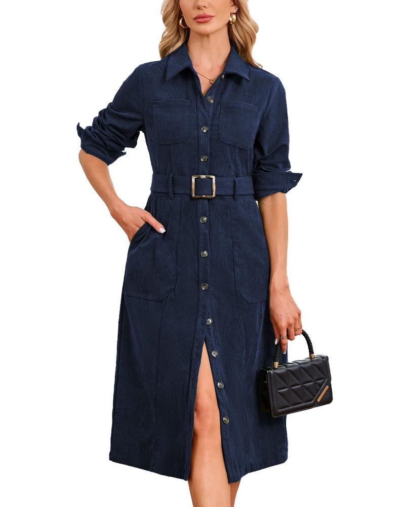 YEXPINE Women's Corduroy Midi Dress Long Sleeve Belted Button Down Shirt Long Dress with Pockets Navy - Image 1