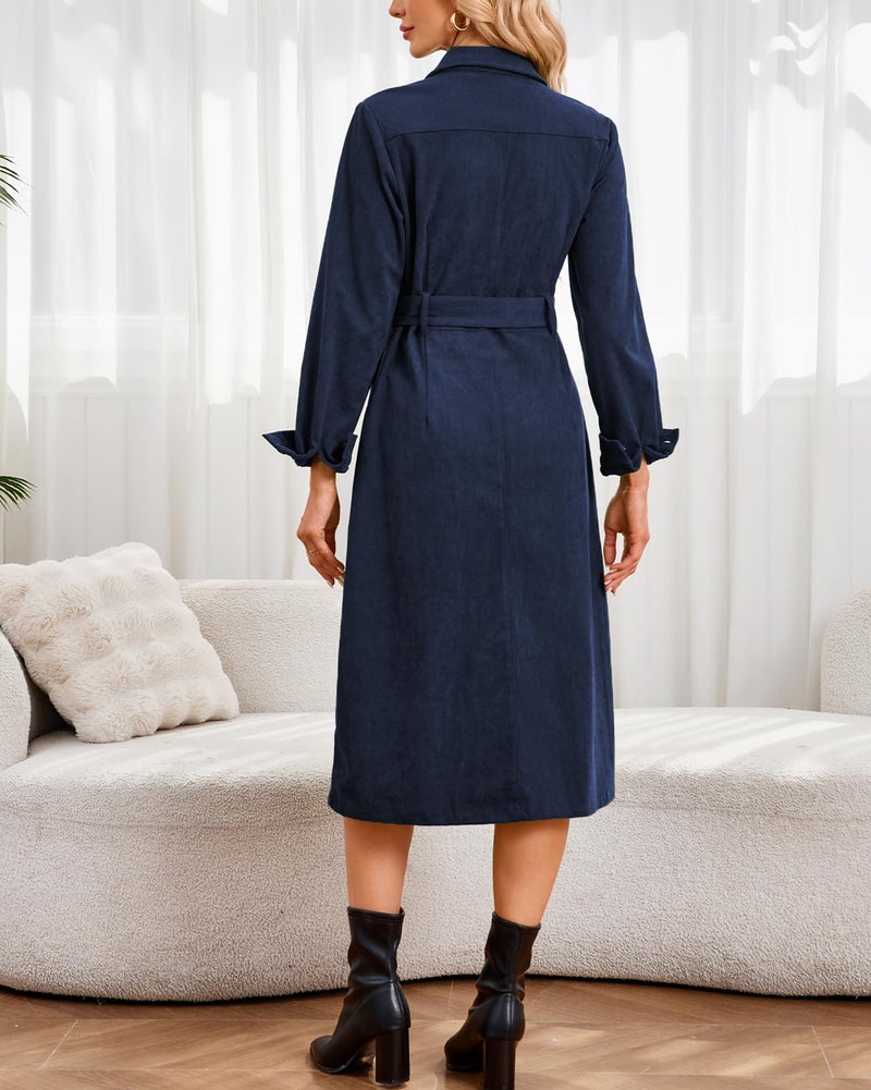 YEXPINE Women's Corduroy Midi Dress Long Sleeve Belted Button Down Shirt Long Dress with Pockets Navy - Image 4