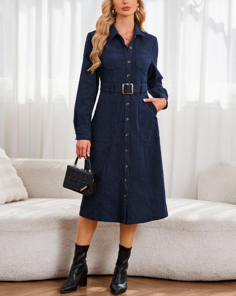 YEXPINE Women's Corduroy Midi Dress Long Sleeve Belted Button Down Shirt Long Dress with Pockets Navy - Image 2