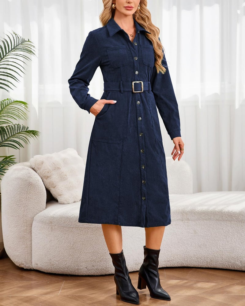 YEXPINE Women's Corduroy Midi Dress Long Sleeve Belted Button Down Shirt Long Dress with Pockets Navy - Image 5