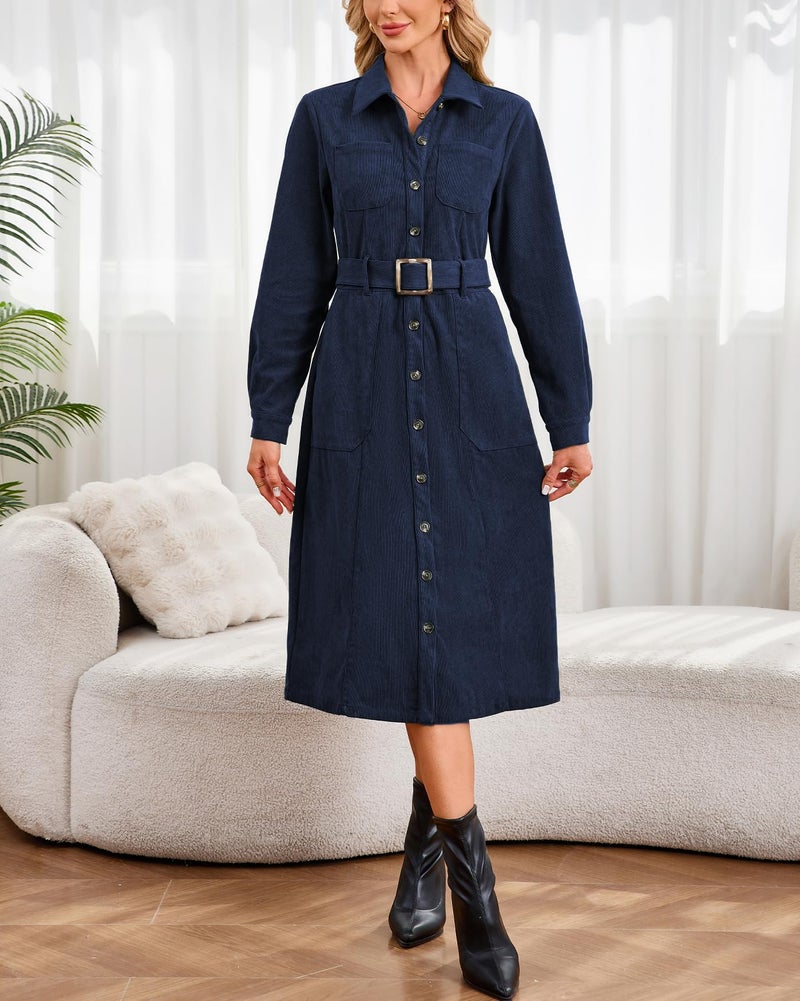 YEXPINE Women's Corduroy Midi Dress Long Sleeve Belted Button Down Shirt Long Dress with Pockets Navy - Image 3