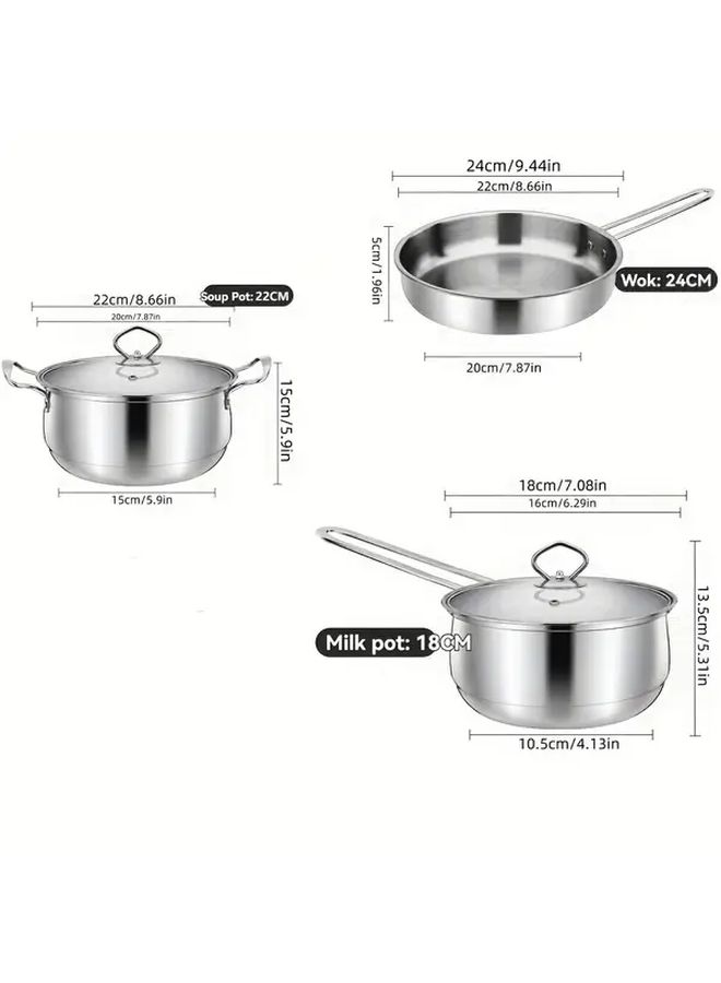 Stainless Steel Cookware Set 3 Pieces Flat Bottom Frying Pan Soup Pot Milk Pot Induction Cooking Pan For Home Kitchen - Image 3