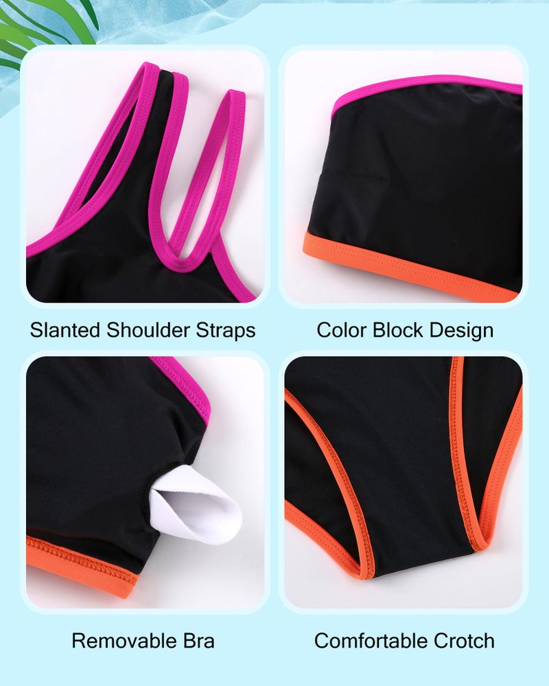 Redair Girls 2 Piece Swimsuit Teen Bathing Suits One Shoulder Black Bikini Color Block Tankini Summer Beach - Image 4