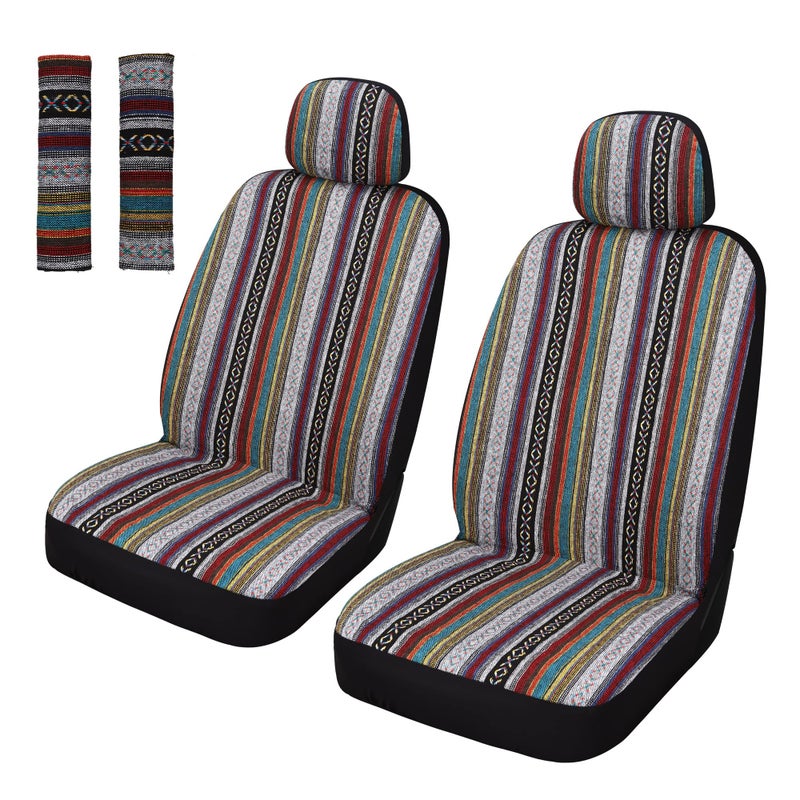 Pariitadin Baja Saddle Blanket Car Seat Covers Front Set with Seat Belt Pads Washable Breathable Striped Woven Cloth Seat Covers for Cars Universal Fit Most Cars Airbag Compatible Red