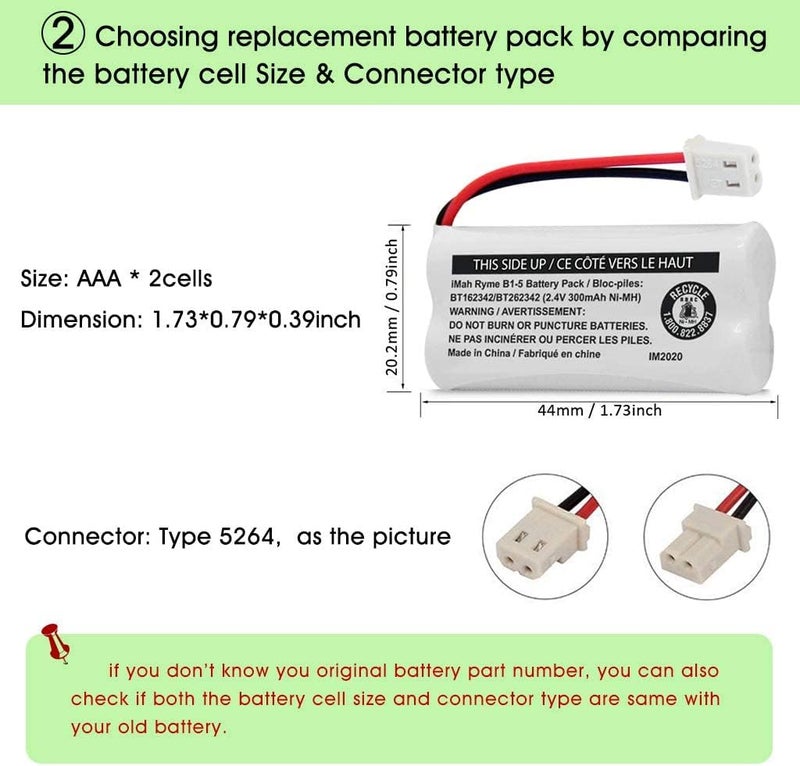 iMah BT162342/BT262342 2.4V 300mAh Ni-MH Cordless Phone Battery Pack, Also Compatible with BT183342/BT283342 AT&T EL52351 TL90070 VTech CS5119 DS6511 DS6722 LS6305 Handset, 2-Pack - Image 4