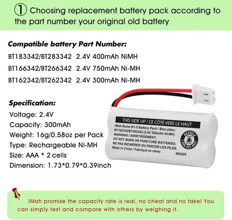 iMah BT162342/BT262342 2.4V 300mAh Ni-MH Cordless Phone Battery Pack, Also Compatible with BT183342/BT283342 AT&T EL52351 TL90070 VTech CS5119 DS6511 DS6722 LS6305 Handset, 2-Pack - Image 3