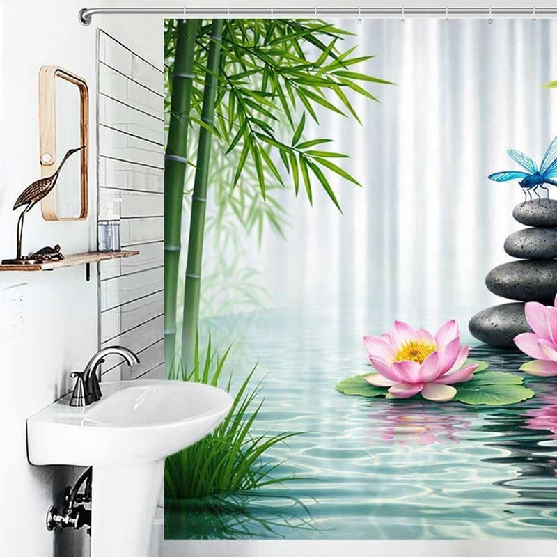 Lotus Flowers and Dragonfly by a Serene pondShower Curtain for Bathroom Waterproof Tan Shower Curtain with Hooks 71 inch x 71 inch - Image 4