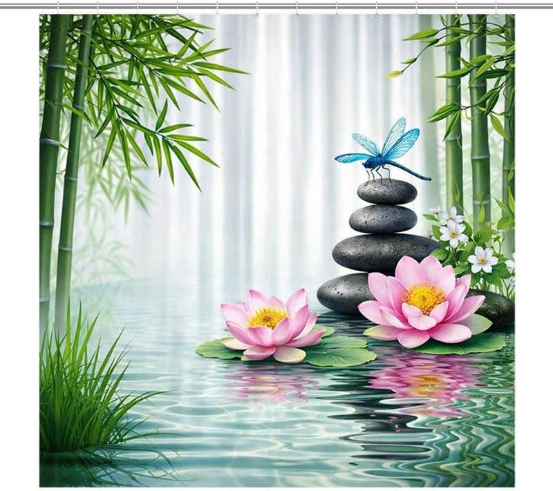 Lotus Flowers and Dragonfly by a Serene pondShower Curtain for Bathroom Waterproof Tan Shower Curtain with Hooks 71 inch x 71 inch - Image 1