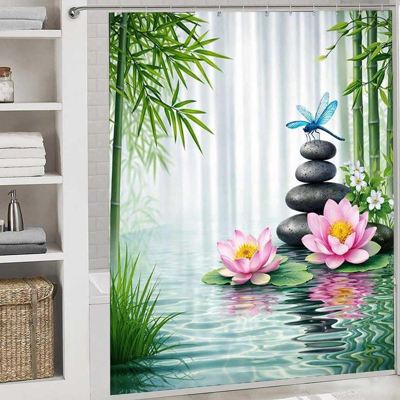 Lotus Flowers and Dragonfly by a Serene pondShower Curtain for Bathroom Waterproof Tan Shower Curtain with Hooks 71 inch x 71 inch - Image 2