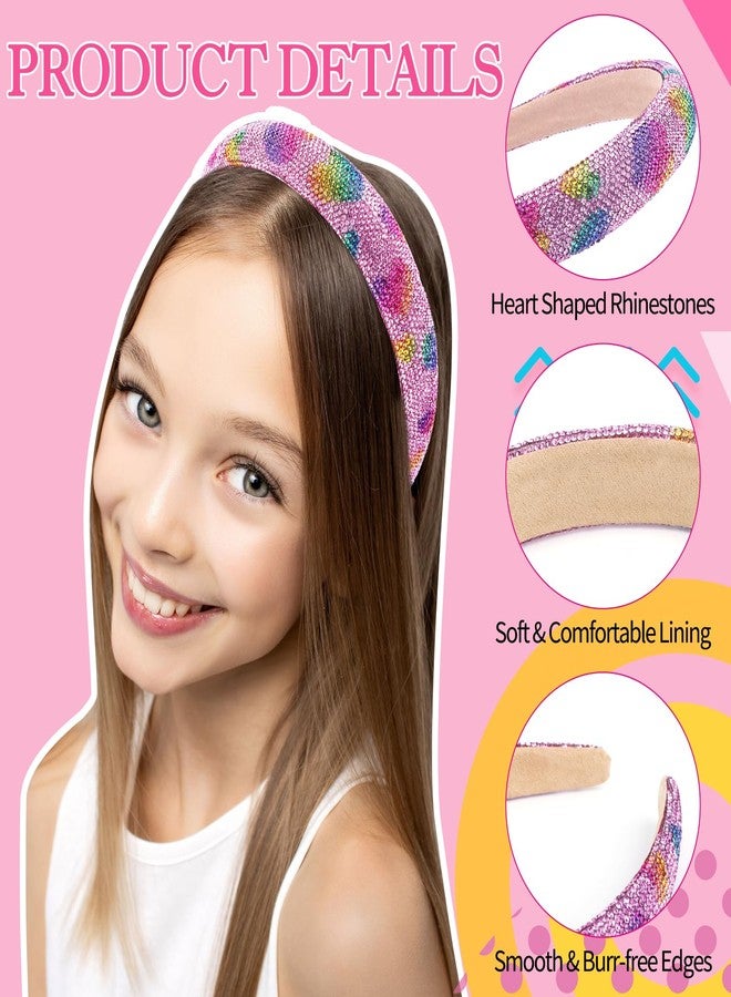KICOSY Sparkly Pink Rhinestone Headband for Girls Cute Padded Heart Crystal Hair Accessory Glitter Rainbow Headwear - Image 5