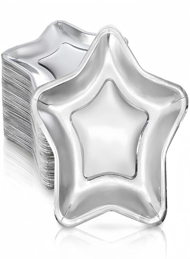 Tlence 100 Pack Star Shape Paper Plates, 9.5 Inches Thick Pentagram Dinnerware Plate, Silver Twinkle Star Dessert Plates, Disposable Party Plate for Appetizers Wedding Birthday Independence Day - Image 1