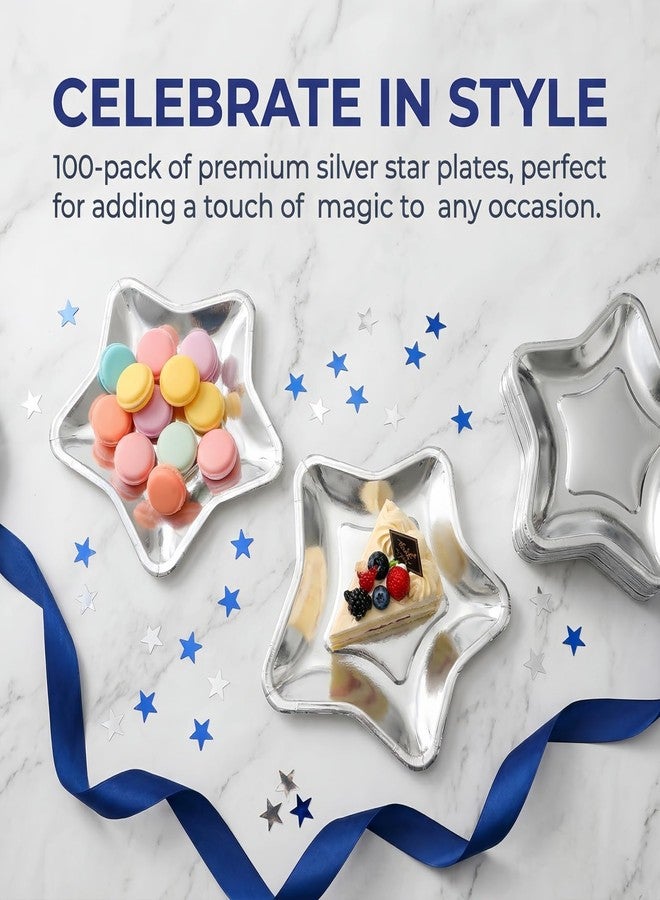 Tlence 100 Pack Star Shape Paper Plates, 9.5 Inches Thick Pentagram Dinnerware Plate, Silver Twinkle Star Dessert Plates, Disposable Party Plate for Appetizers Wedding Birthday Independence Day - Image 3