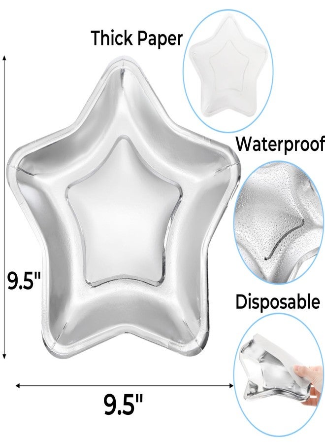 Tlence 100 Pack Star Shape Paper Plates, 9.5 Inches Thick Pentagram Dinnerware Plate, Silver Twinkle Star Dessert Plates, Disposable Party Plate for Appetizers Wedding Birthday Independence Day - Image 2
