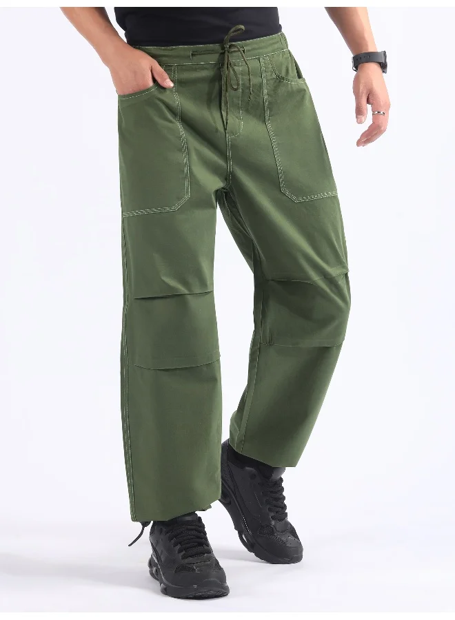 بيونغ بنطلون رياضي كارجو بخصر مزدوج مطوي باللون الأخضر المريمي