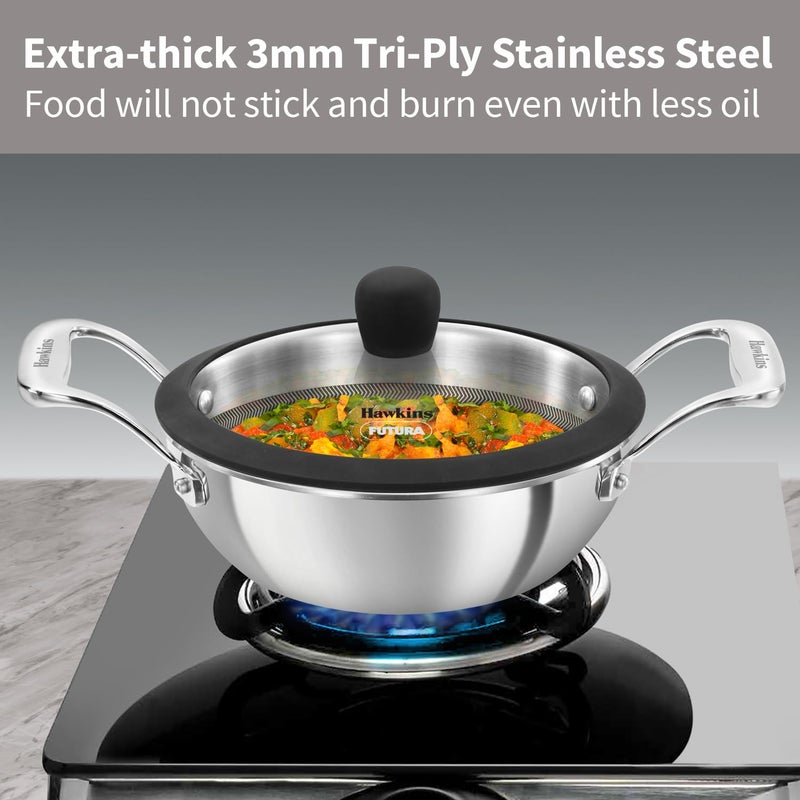 Hawkins Hawkins Pro 1.5 Litre Shielded Nonstick Triply Deep-Fry Pan, Kadhai with Stainless Steel Handles and Glass Lid, Silver (PSNK15G) - Image 3