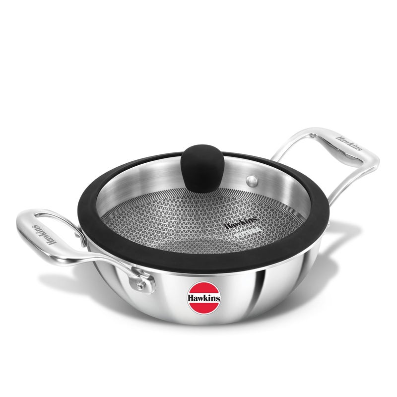 Hawkins Hawkins Pro 1.5 Litre Shielded Nonstick Triply Deep-Fry Pan, Kadhai with Stainless Steel Handles and Glass Lid, Silver (PSNK15G) - Image 1