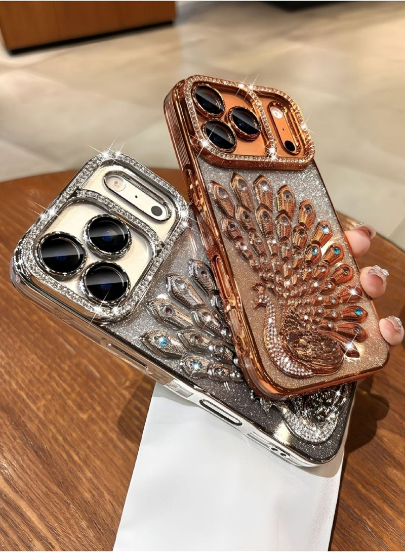 X-level Case for iPhone 17 Pro Max, Peacock Glitter Cover Diamond Lens Protector Shiny Sparkling Transparent Cover Women Girls Cases (Orange) - Image 2