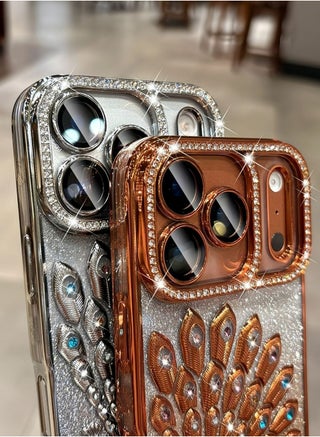 Case for iPhone 17 Pro Max, Peacock Glitter Cover Diamond Lens Protector Shiny Sparkling Transparent Cover Women Girls Cases (Orange) - view 3
