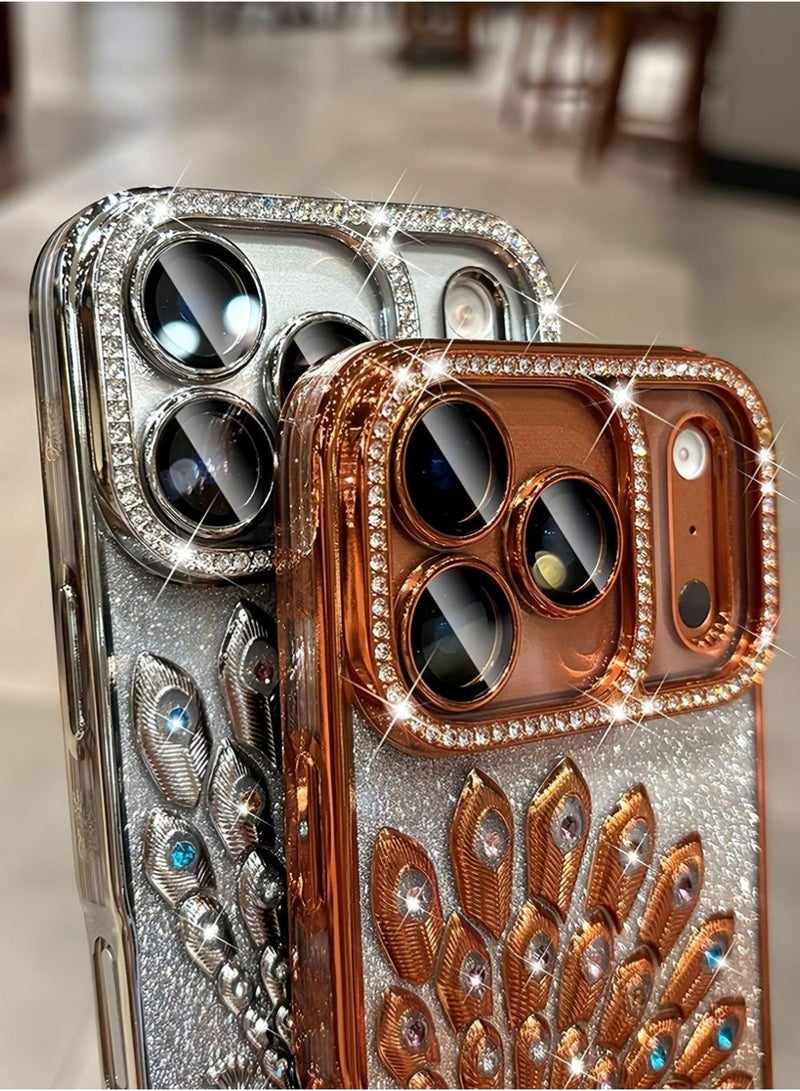 X-level Case for iPhone 17 Pro Max, Peacock Glitter Cover Diamond Lens Protector Shiny Sparkling Transparent Cover Women Girls Cases (Orange) - Image 3