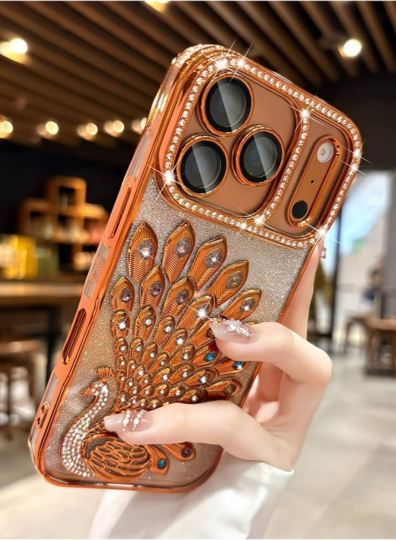 X-level Case for iPhone 17 Pro Max, Peacock Glitter Cover Diamond Lens Protector Shiny Sparkling Transparent Cover Women Girls Cases (Orange) - Image 1