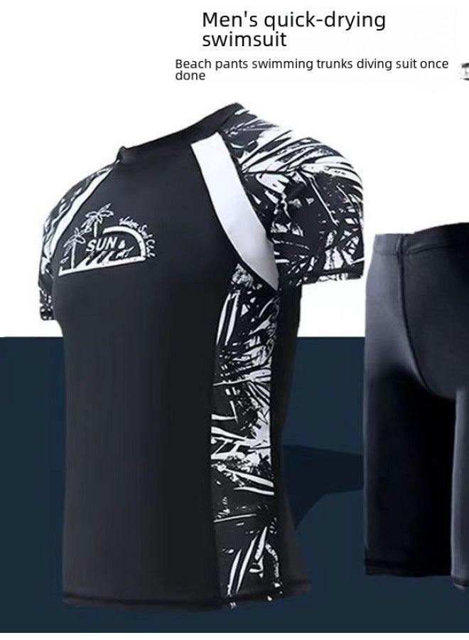 Loquat Adult Swimming Suit Men's Split Two-piece Set Men's Sunscreen Short-sleeved Surfing Snorkeling Suit Warm Hot Spring Men's Swimwear-Color:Four Stitches And Six Threads On White Background- - Image 5