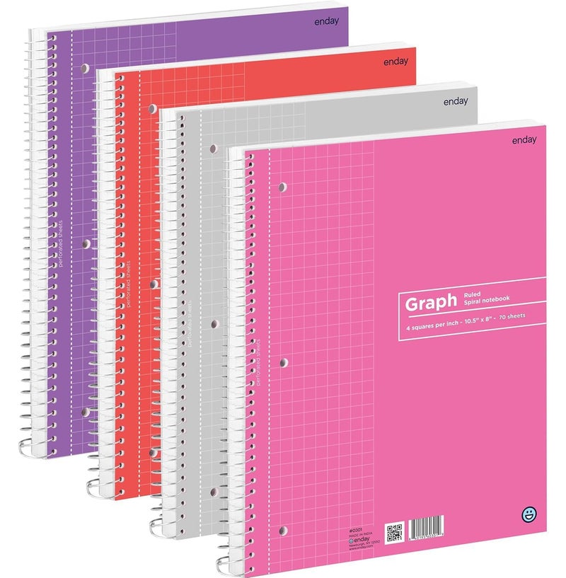 Emraw Graph Paper Notebook (4 Pack) Grid Notebook, Graph paper spiral notebook, Graph notebook, 4 Squares per inch Grid paper notebook, White Paper Quad Ruled Spiral Assorted Colors - by Enday - Image 1