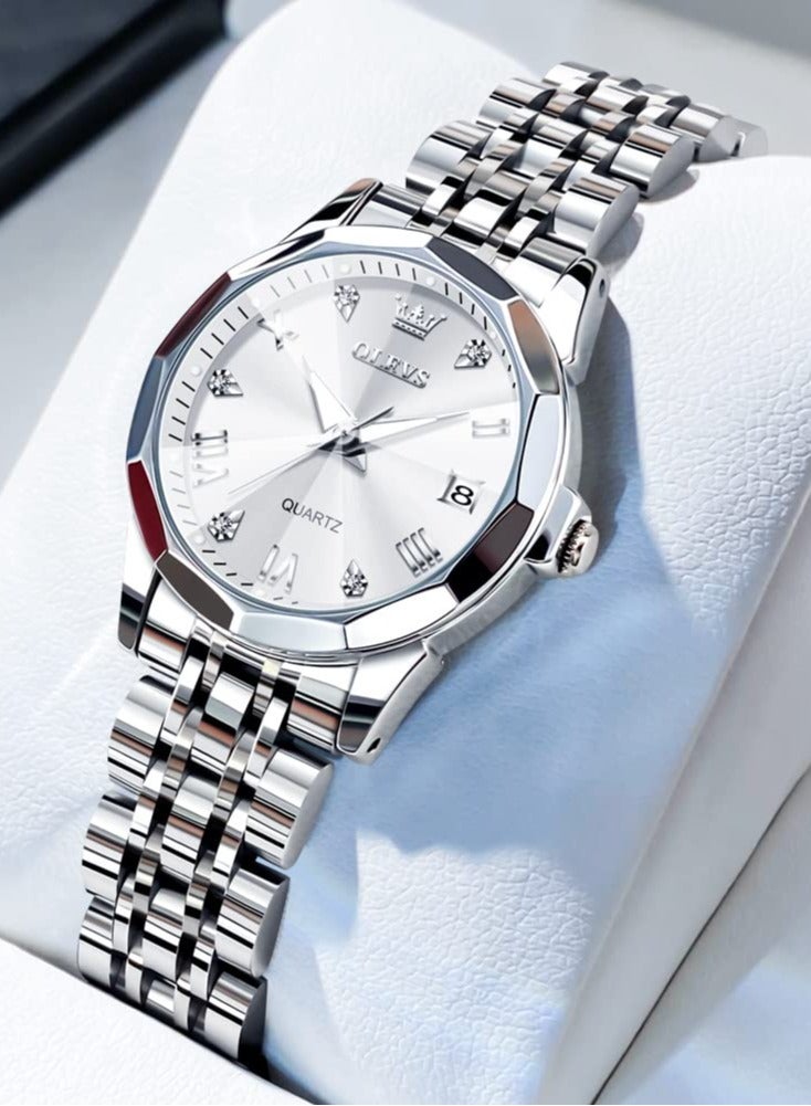 أوليفز ساعة  النسائية الفضية الأنيقة المرصعة بالألماس، ساعة يد نسائية صغيرة من الفولاذ المقاوم للصدأ بلونين، ساعة كوارتز تناظرية بخاصية التاريخ واليوم للنساء - Image 2