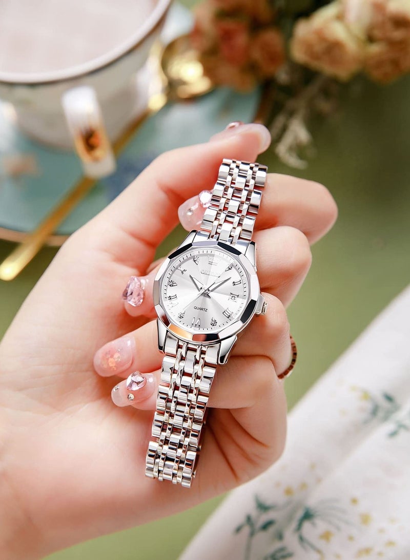 أوليفز ساعة  النسائية الفضية الأنيقة المرصعة بالألماس، ساعة يد نسائية صغيرة من الفولاذ المقاوم للصدأ بلونين، ساعة كوارتز تناظرية بخاصية التاريخ واليوم للنساء - Image 3