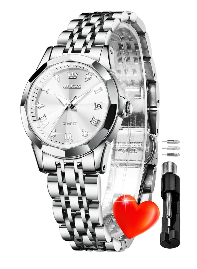 أوليفز ساعة  النسائية الفضية الأنيقة المرصعة بالألماس، ساعة يد نسائية صغيرة من الفولاذ المقاوم للصدأ بلونين، ساعة كوارتز تناظرية بخاصية التاريخ واليوم للنساء - Image 1