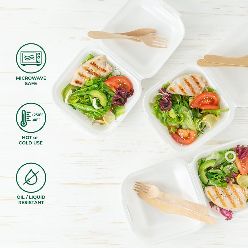Freshware Clamshell Food Containers with Lids [6x6" 100-Pack] Disposable To Go Containers, Biodegradable Sugarcane To Go Boxes - Paper Container - Microwave & Freezer Safe, Stackable - Image 2