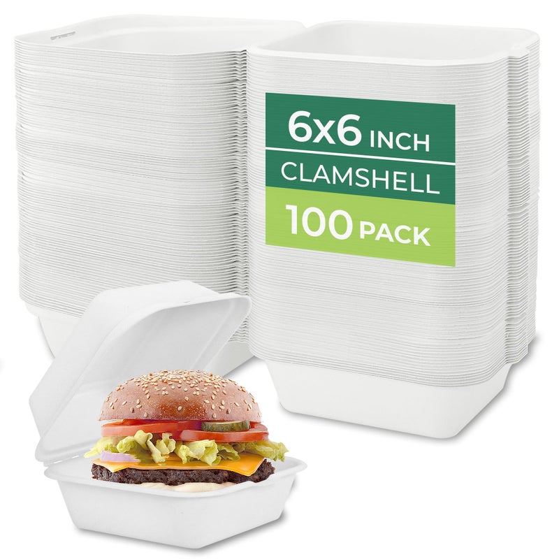 Freshware Clamshell Food Containers with Lids [6x6" 100-Pack] Disposable To Go Containers, Biodegradable Sugarcane To Go Boxes - Paper Container - Microwave & Freezer Safe, Stackable - Image 1