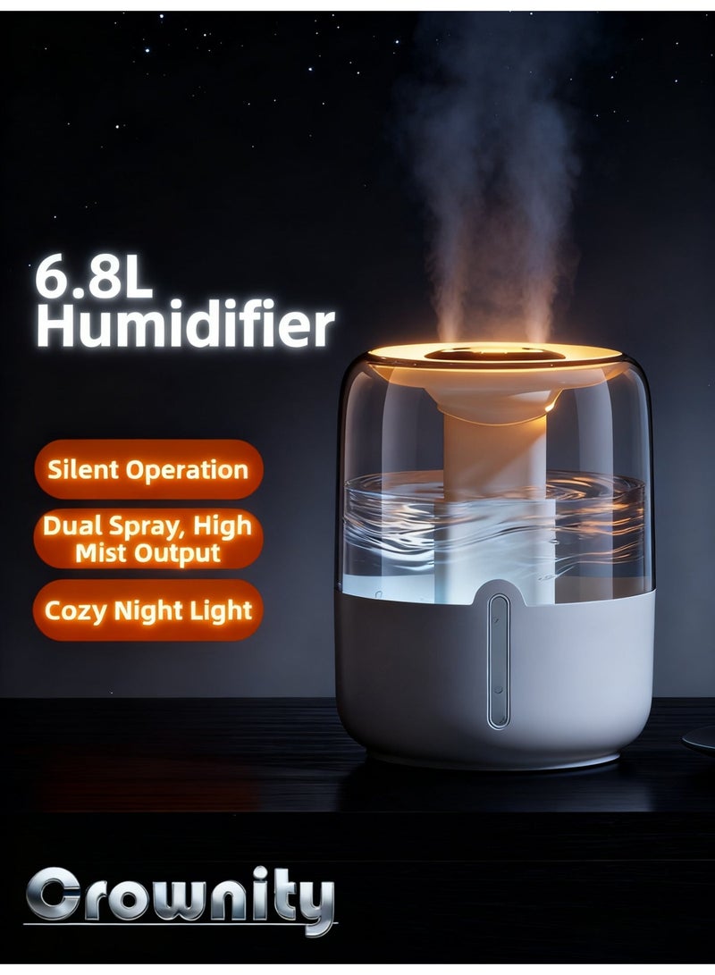 أجهزة ترطيب الهواء 6.8 لتر – مزود بشاشة عرض الرطوبة وإضاءة ليلية، جهاز ترطيب وتنقية هواء مع فوهتين، تشغيل هادئ لمدة 20 ساعة (لون أبيض) - Image 1