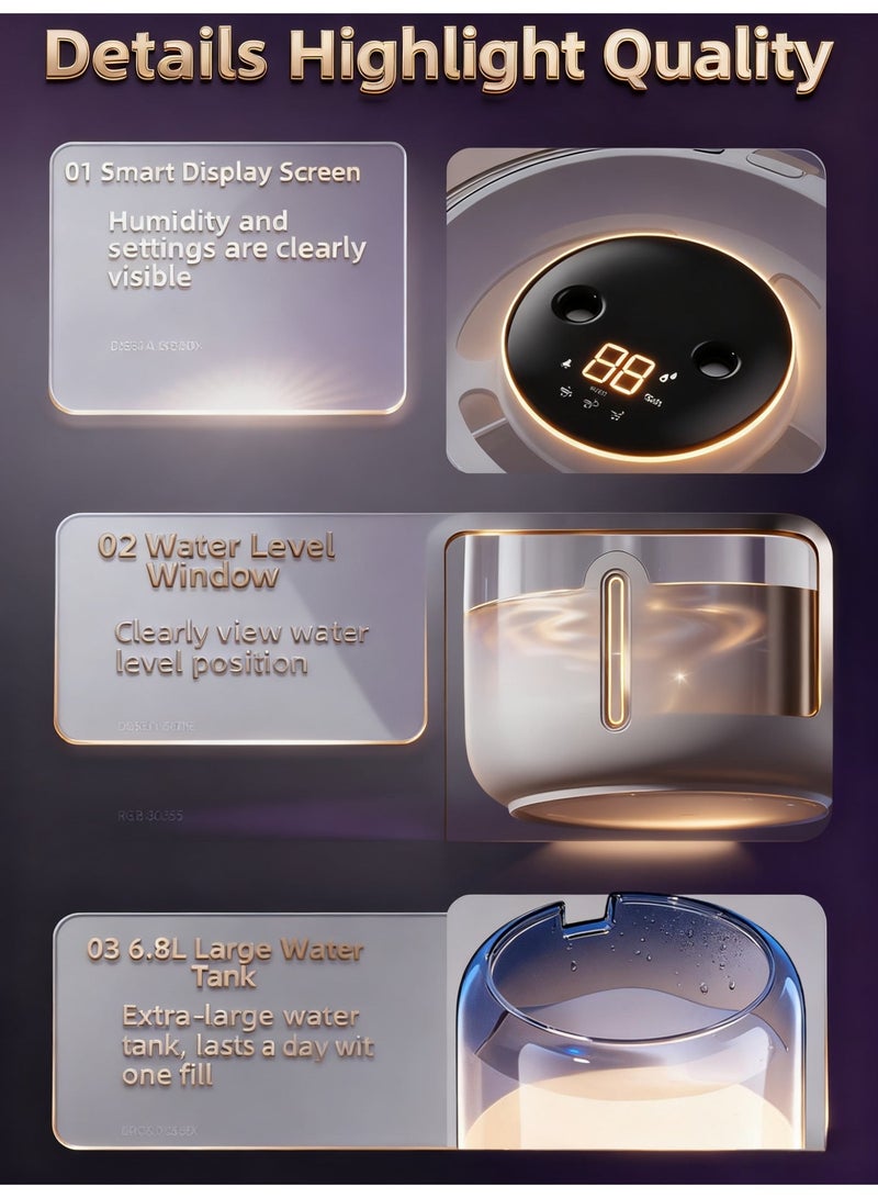 أجهزة ترطيب الهواء 6.8 لتر – مزود بشاشة عرض الرطوبة وإضاءة ليلية، جهاز ترطيب وتنقية هواء مع فوهتين، تشغيل هادئ لمدة 20 ساعة (لون أبيض) - Image 5