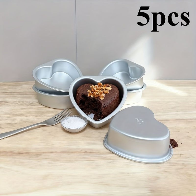 Set Of 5 Heart Shaped 4 Inch Mini Cake Molds Nonstick Aluminum Fixed Bottom - Image 1