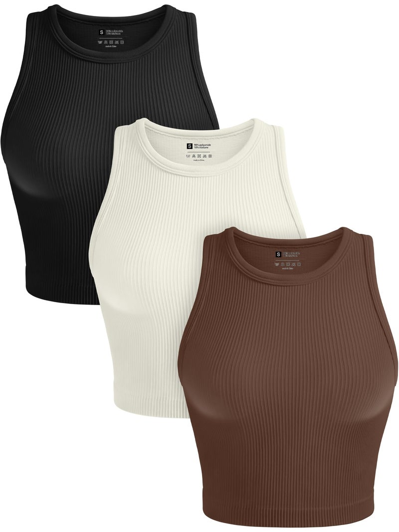 OLCHEE Womens 3 Pack Crop Tank Tops Basic Seamless Ribbed Round High Neck Racerback Workout Top Summer Causal Yoga Gym Shirts - Black Brown Beige Medium - Image 1