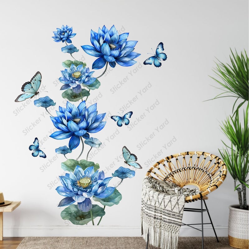 Sticker Yard PVC Vinyl Blue Flower Floral Butterflies Self-Adhesive Wall Sticker for Home Decor/Decoration - Living Room, Bedroom, Kids Room (Multicolor,Size 71X90CM) - Image 1