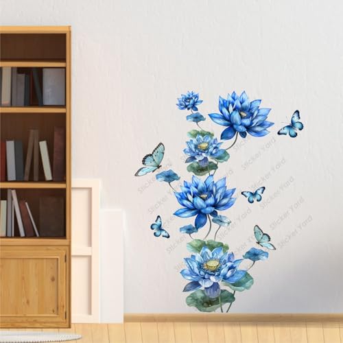 Sticker Yard PVC Vinyl Blue Flower Floral Butterflies Self-Adhesive Wall Sticker for Home Decor/Decoration - Living Room, Bedroom, Kids Room (Multicolor,Size 71X90CM) - Image 3