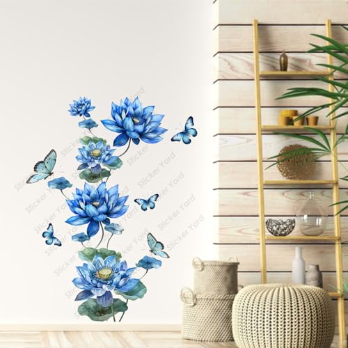 Sticker Yard PVC Vinyl Blue Flower Floral Butterflies Self-Adhesive Wall Sticker for Home Decor/Decoration - Living Room, Bedroom, Kids Room (Multicolor,Size 71X90CM) - Image 2