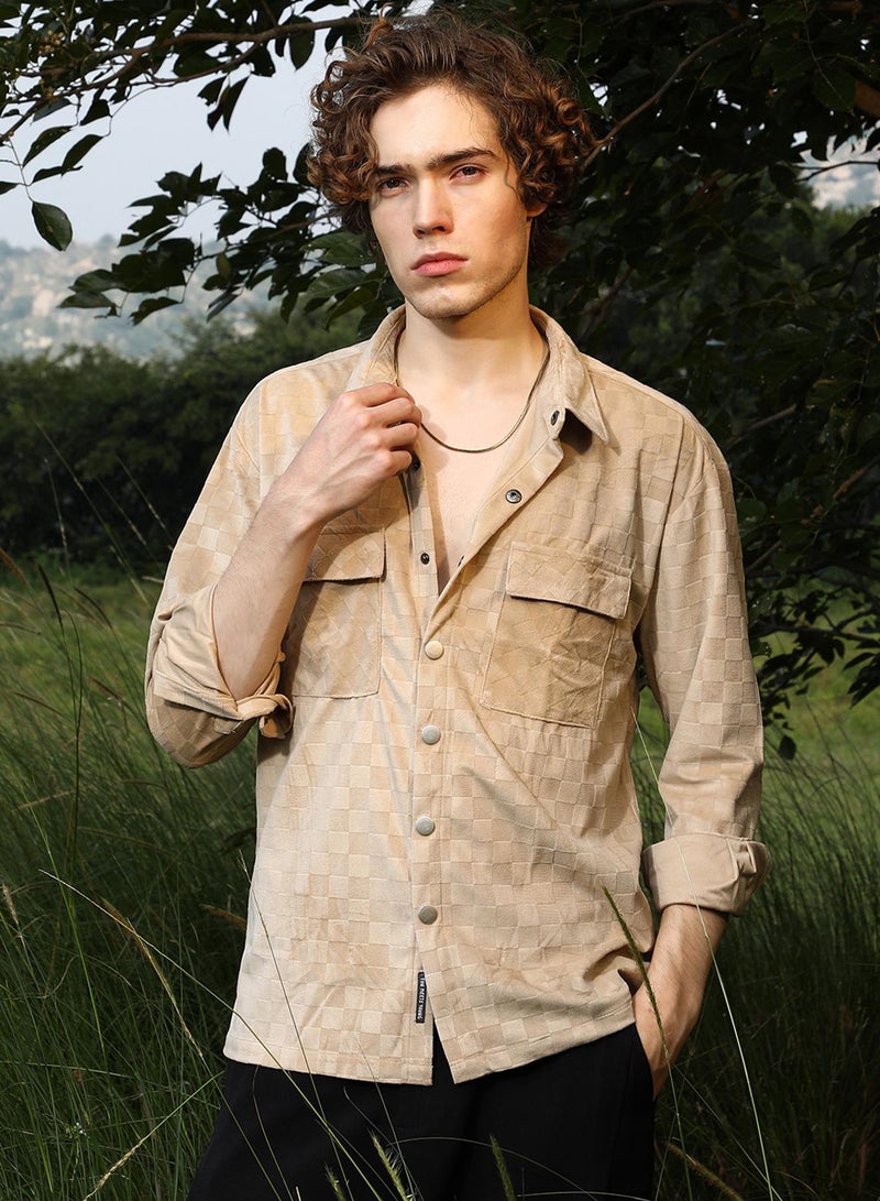 Campus Sutra Men's Buff Beige Cubic Velvet Utility Shacket - Image 2