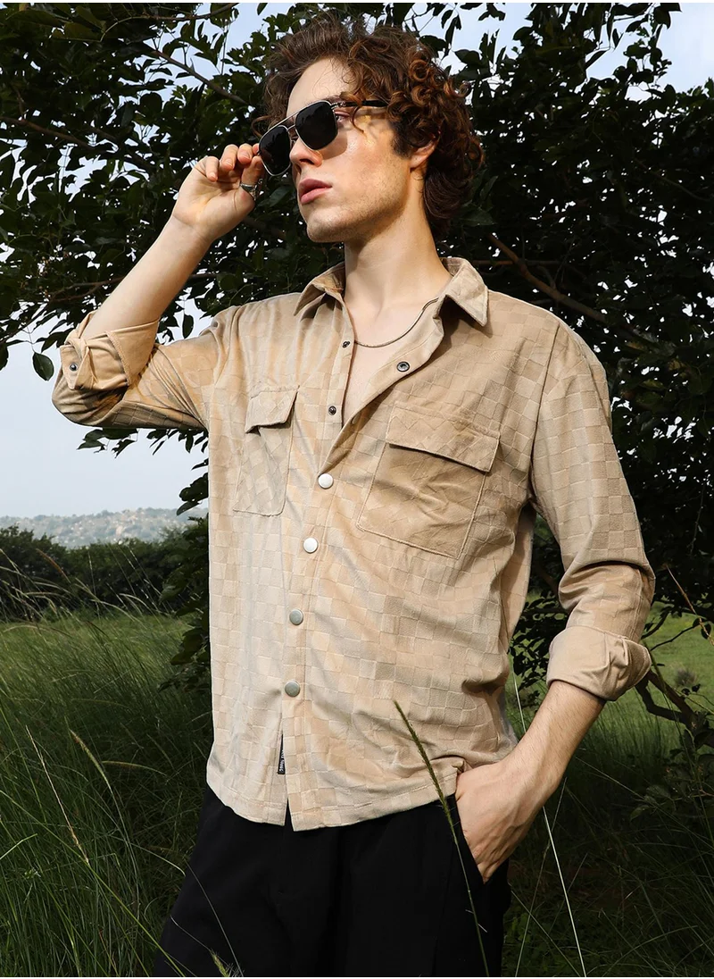 كامبوس سوترا Men's Buff Beige Cubic Velvet Utility Shacket
