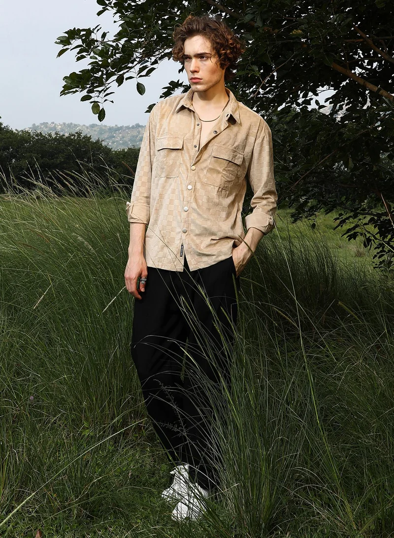 Campus Sutra Men's Buff Beige Cubic Velvet Utility Shacket