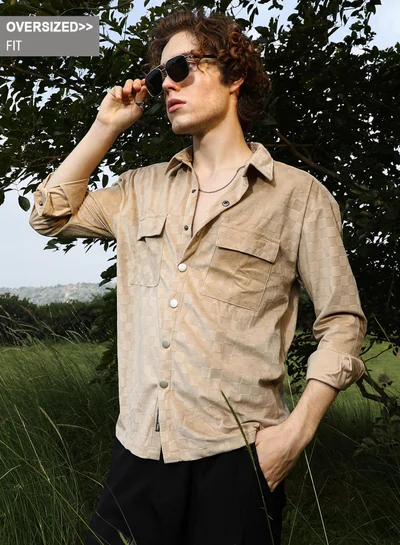 Campus Sutra Campus Sutra Men's Buff Beige Cubic Velvet Utility Shacket For Casual Wear | Spread Collar | Long Cuffed Sleeves | Button Closure | Overshirt/Shacket Crafted With Comfort Fit For Everyday Wear