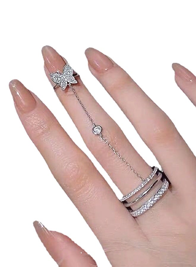 HY Butterfly Tassel Finger Ring, Women's Ring with Modern Design Elegant and New Chain Link Ring Silver Color - Image 1