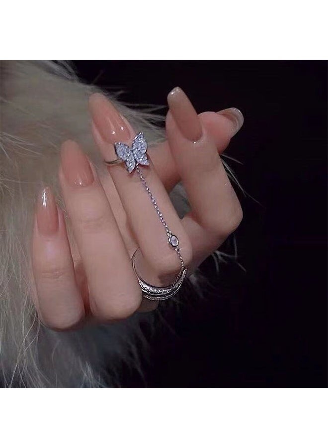 HY Butterfly Tassel Finger Ring, Women's Ring with Modern Design Elegant and New Chain Link Ring Silver Color - Image 4