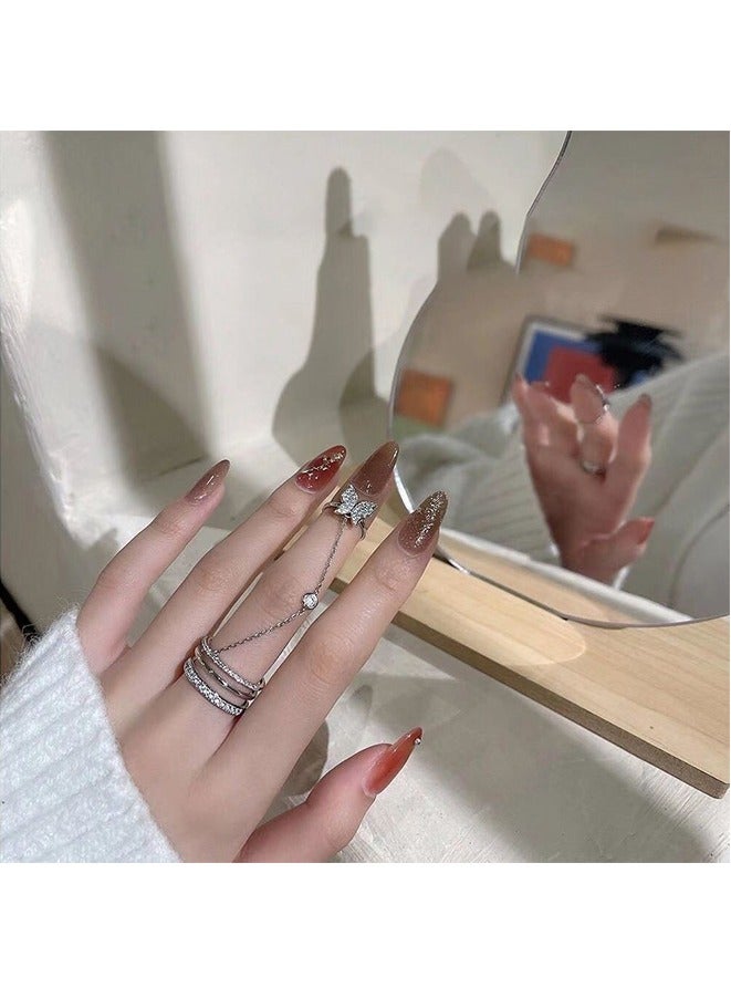 HY Butterfly Tassel Finger Ring, Women's Ring with Modern Design Elegant and New Chain Link Ring Silver Color - Image 5