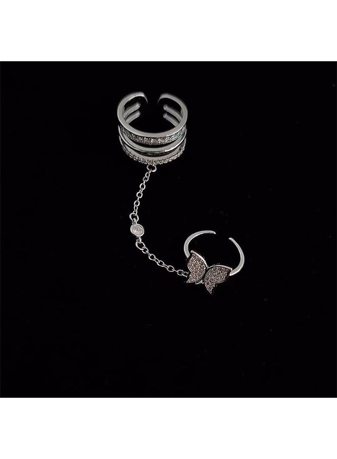 HY Butterfly Tassel Finger Ring, Women's Ring with Modern Design Elegant and New Chain Link Ring Silver Color - Image 3
