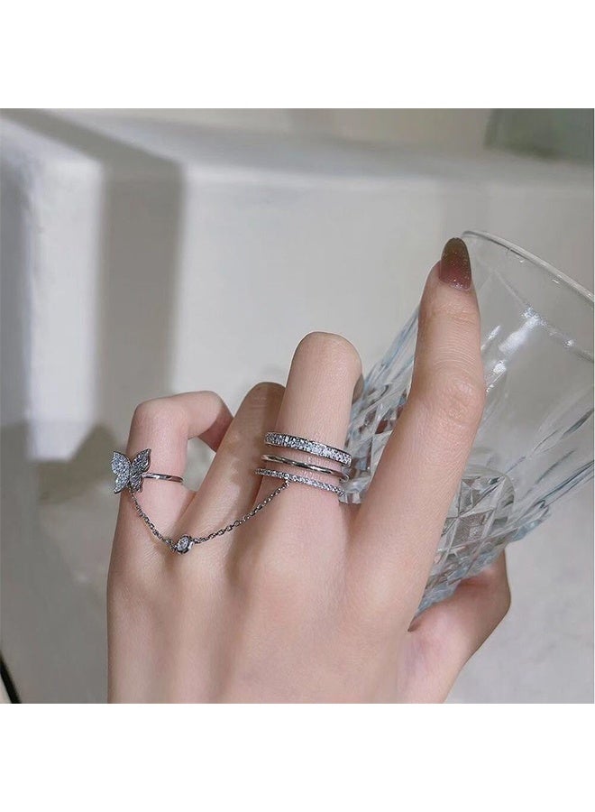 HY Butterfly Tassel Finger Ring, Women's Ring with Modern Design Elegant and New Chain Link Ring Silver Color - Image 2